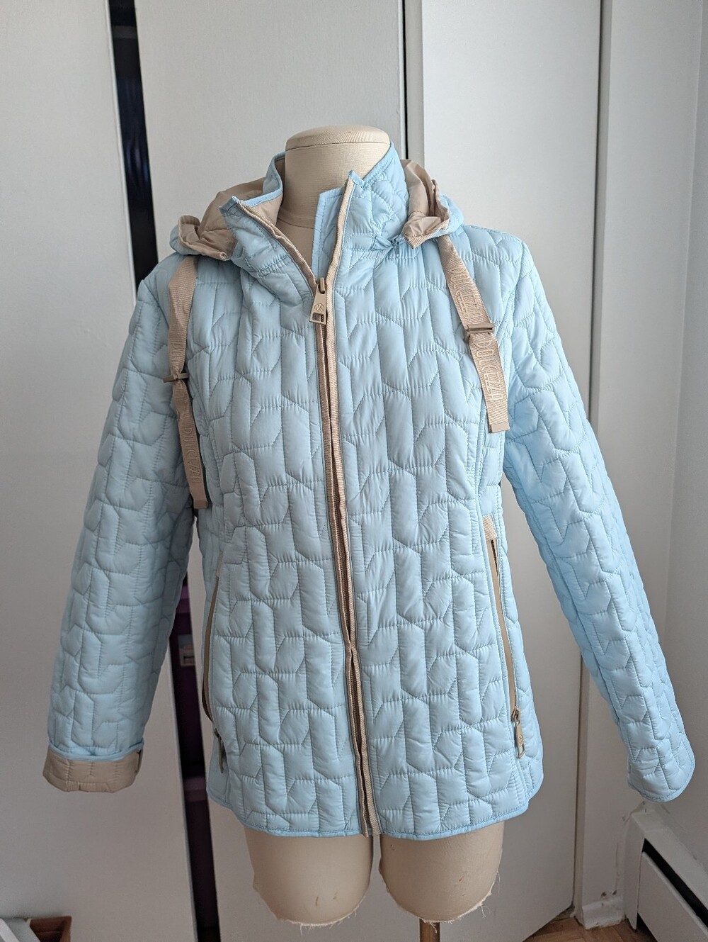 Light Blue Quilted Hooded Puffer Jacket with Beige Trim